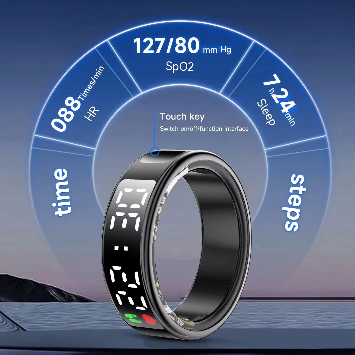 Smart Ring LED Display Screen Heart Rate Sleeping Sports Modes Health Monitoring Men Women Stainless steel Sports Ring